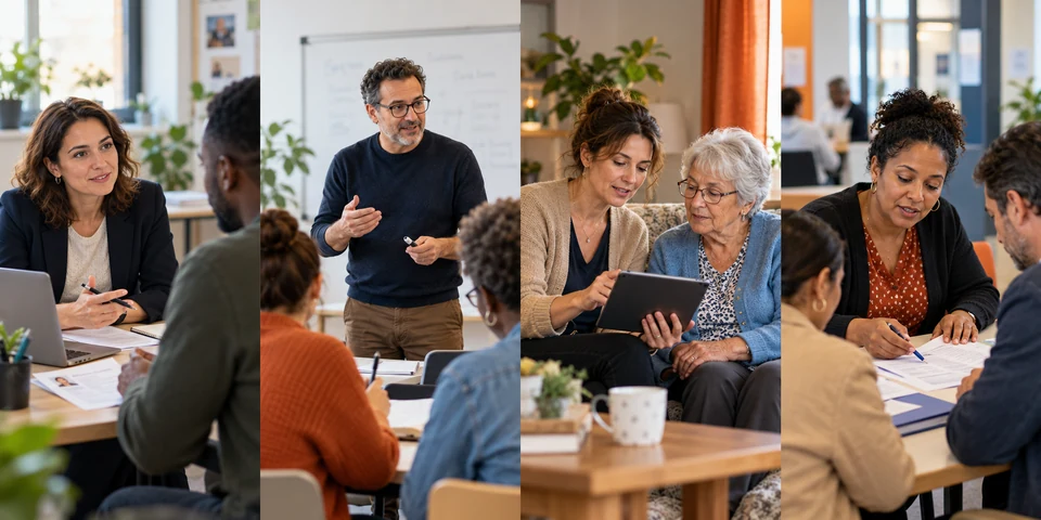 Illustration IA : conseil en insertion professionnelle, formation d’adultes, coordination de services au domicile et médiation sociale.